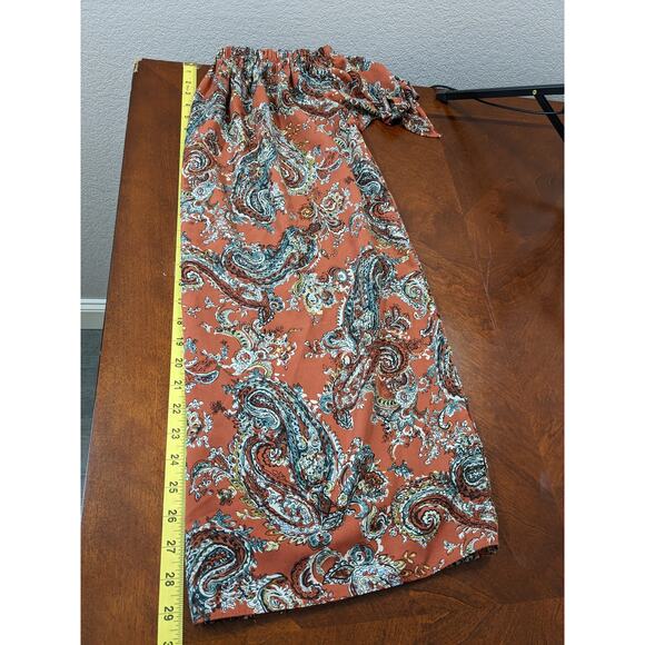 Soprano Off Shoulder Tunic Dress Small Rust Paisley Bohemian Mini Tie Sleeve Fun - Picture 7 of 10